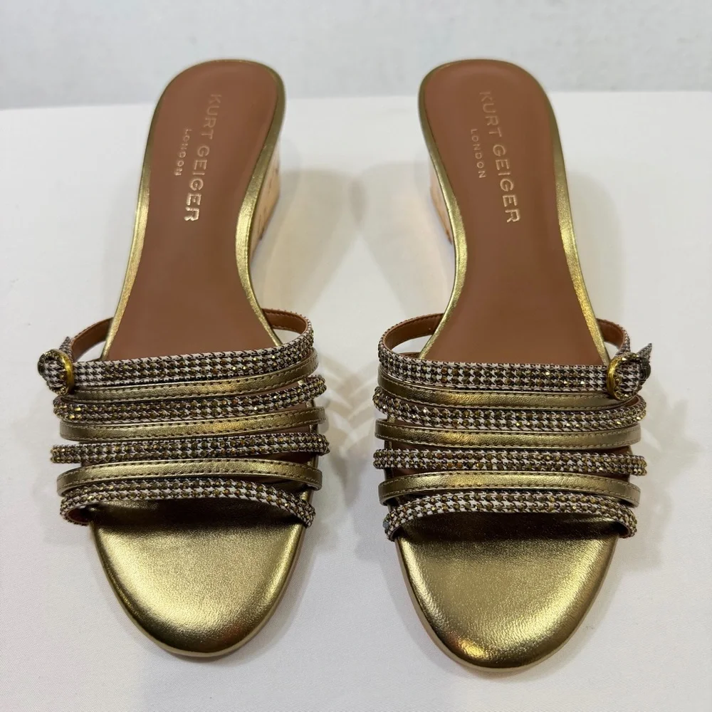 Kurt Geiger London Gold Crystal-Strap Wedge Slides Sandals Size 38.5 Women 8 US - Picture 2 of 11
